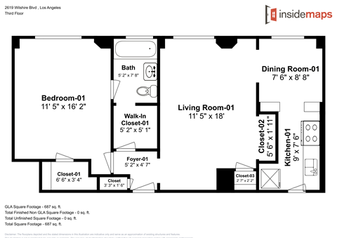 Floor plan for 1 bed, 1 bath, 825 sqft